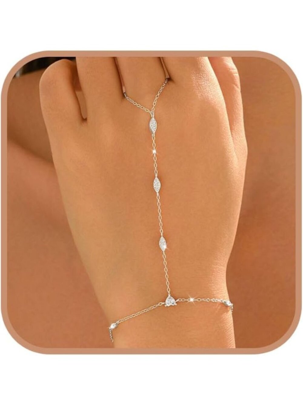 Elegant 925 Sterling Silver Marquise Hand Chain Bracelet with Cubic Zirconia for